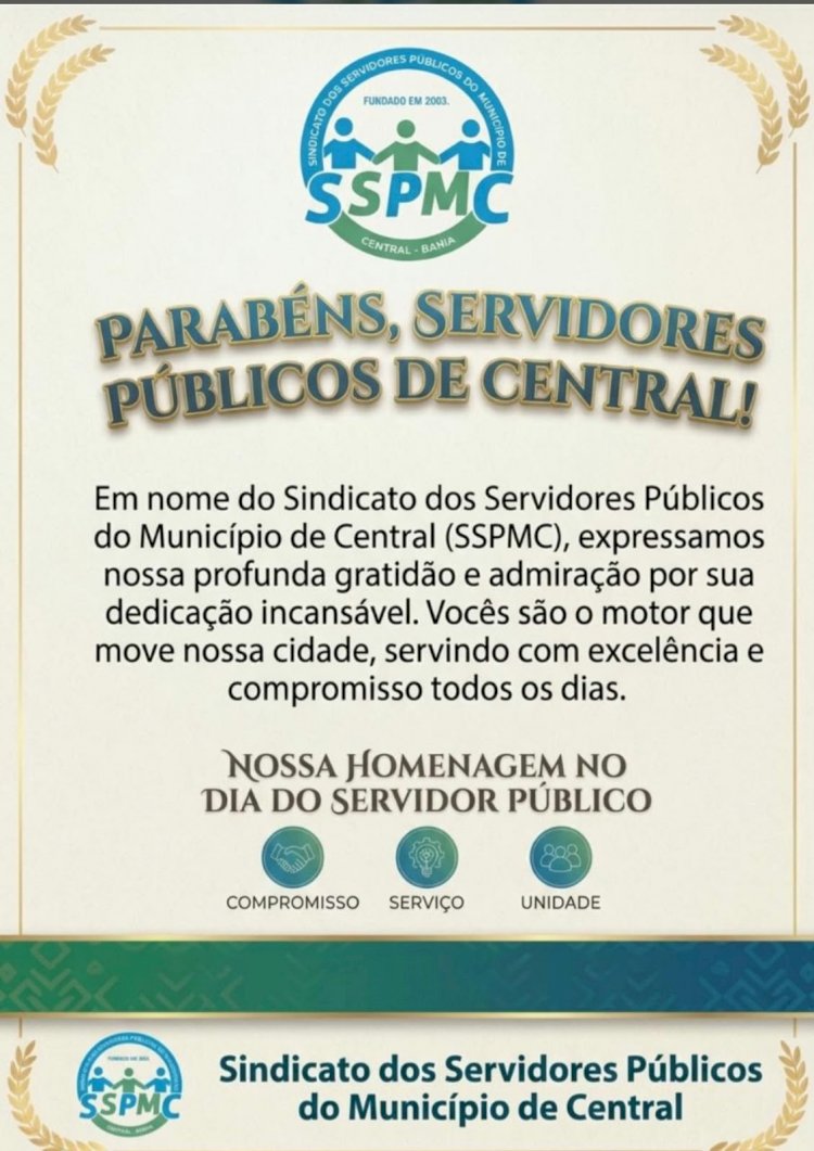 Sindicato dos Servidores Públicos de Central parabeniza os trabalhadores pelo Dia do Servidor Público